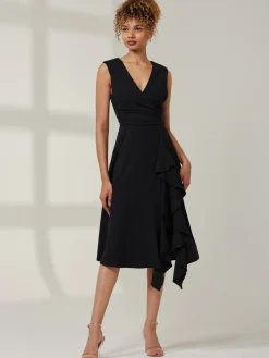 Ruffle Detail Midi Dress, Black