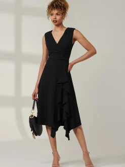 Ruffle Detail Midi Dress, Black