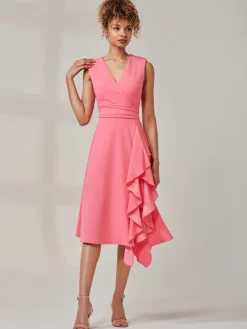 Ruffle Detail Midi Dress Pink