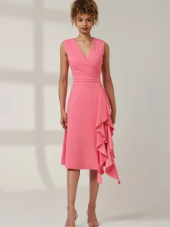 Ruffle Detail Midi Dress Pink