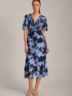 Ruffle Detail Ruched Mesh Midaxi Dress, Blue Abstract