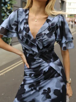 Ruffle Detail Ruched Mesh Midaxi Dress, Blue Abstract
