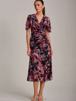 Ruffle Detail Ruched Mesh Midaxi Dress, Coral Multi
