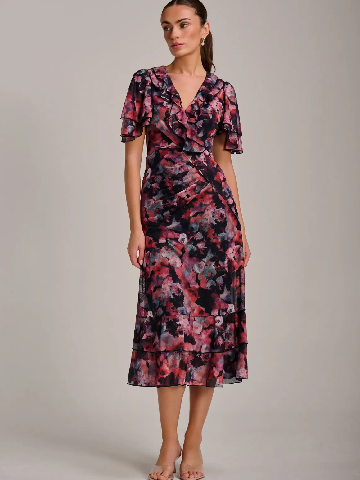 Ruffle Detail Ruched Mesh Midaxi Dress, Coral Multi