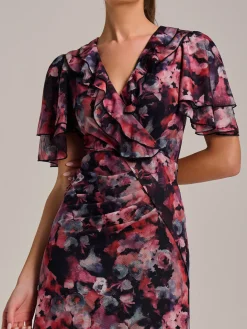 Ruffle Detail Ruched Mesh Midaxi Dress, Coral Multi