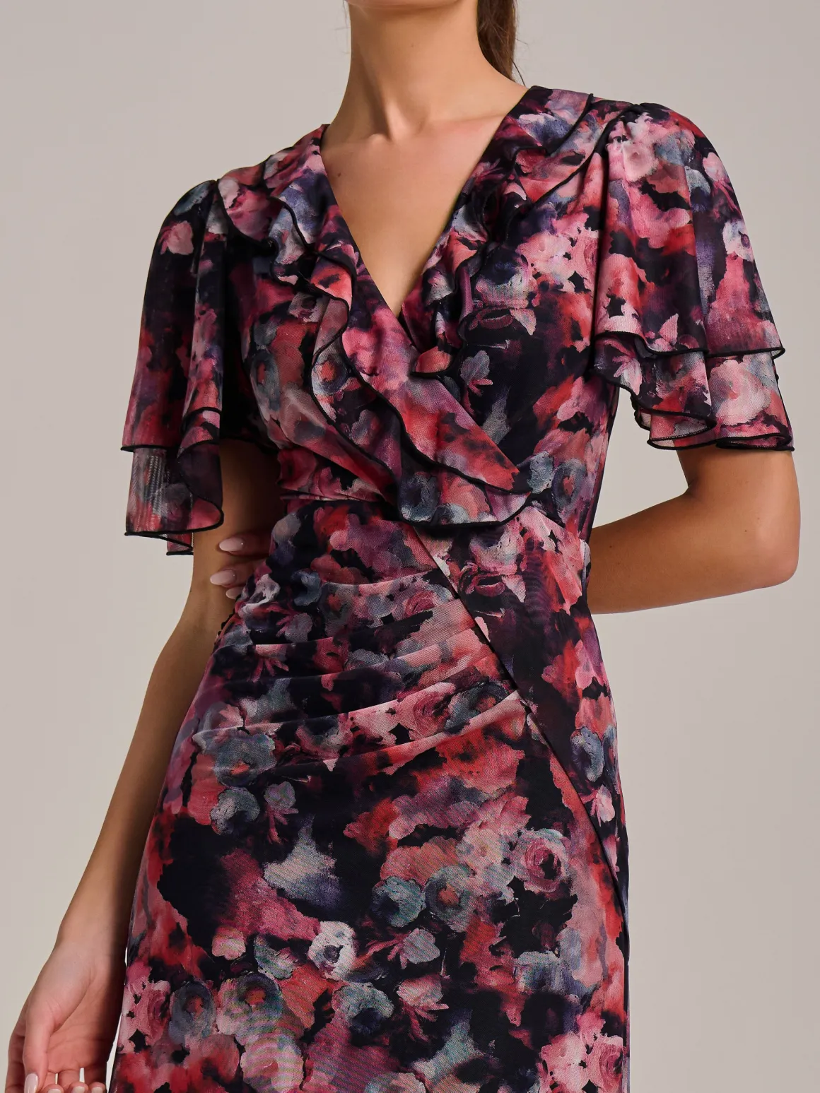 Ruffle Detail Ruched Mesh Midaxi Dress, Coral Multi