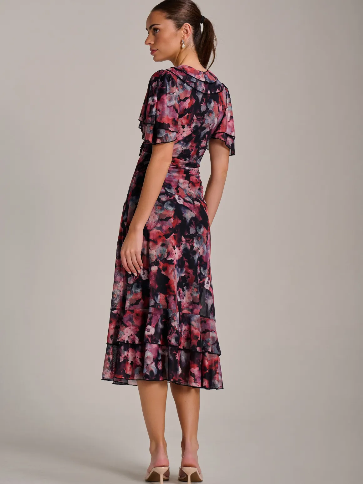 Ruffle Detail Ruched Mesh Midaxi Dress, Coral Multi