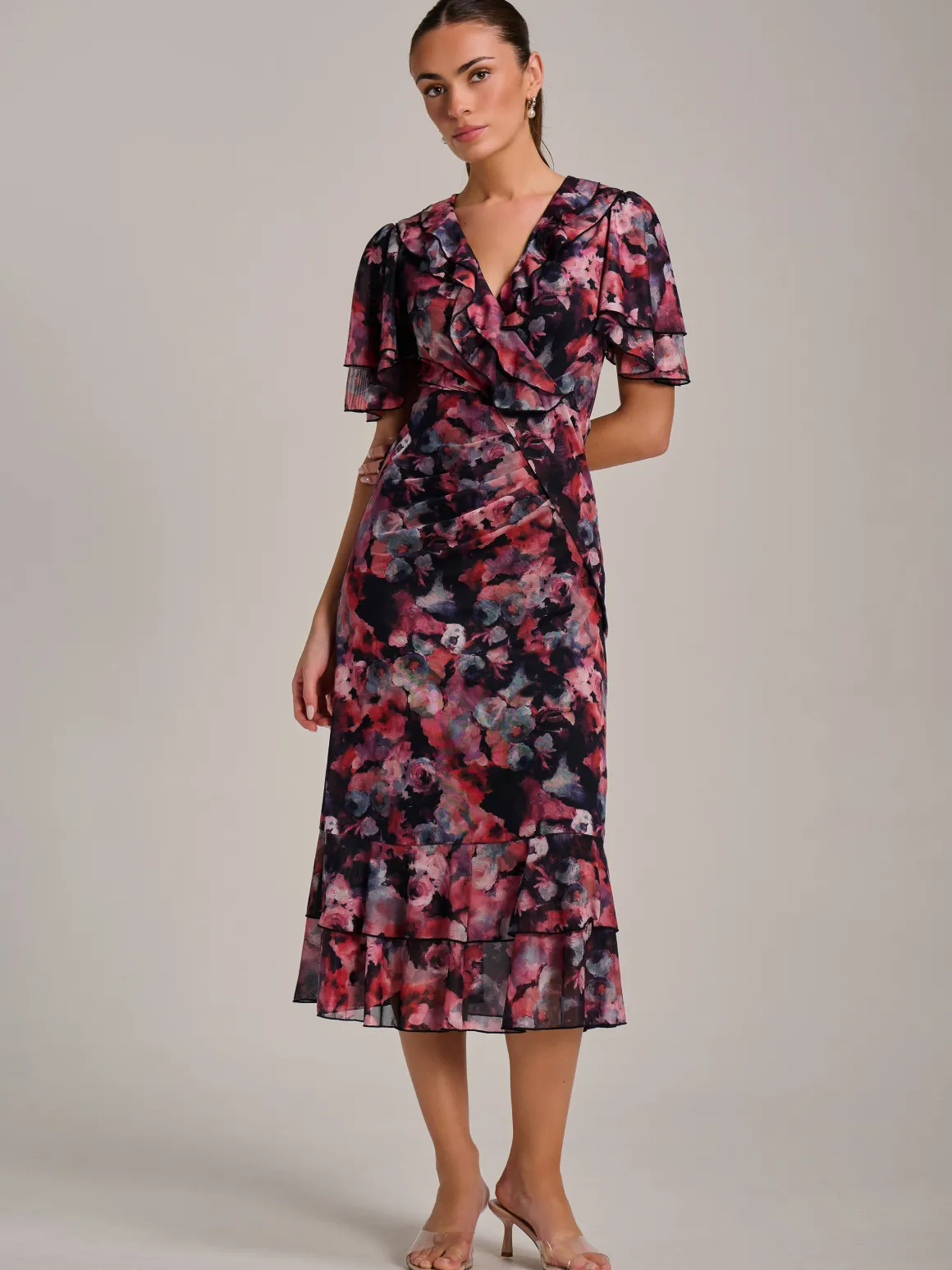 Ruffle Detail Ruched Mesh Midaxi Dress, Coral Multi