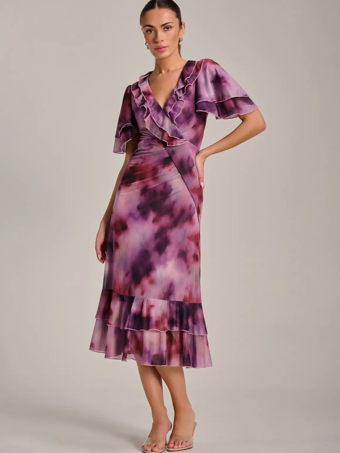 Ruffle Detail Ruched Mesh Midaxi Dress, Pink Abstract
