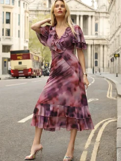 Ruffle Detail Ruched Mesh Midaxi Dress, Pink Abstract