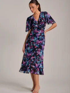 Ruffle Detail Ruched Mesh Midaxi Dress, Purple Multi