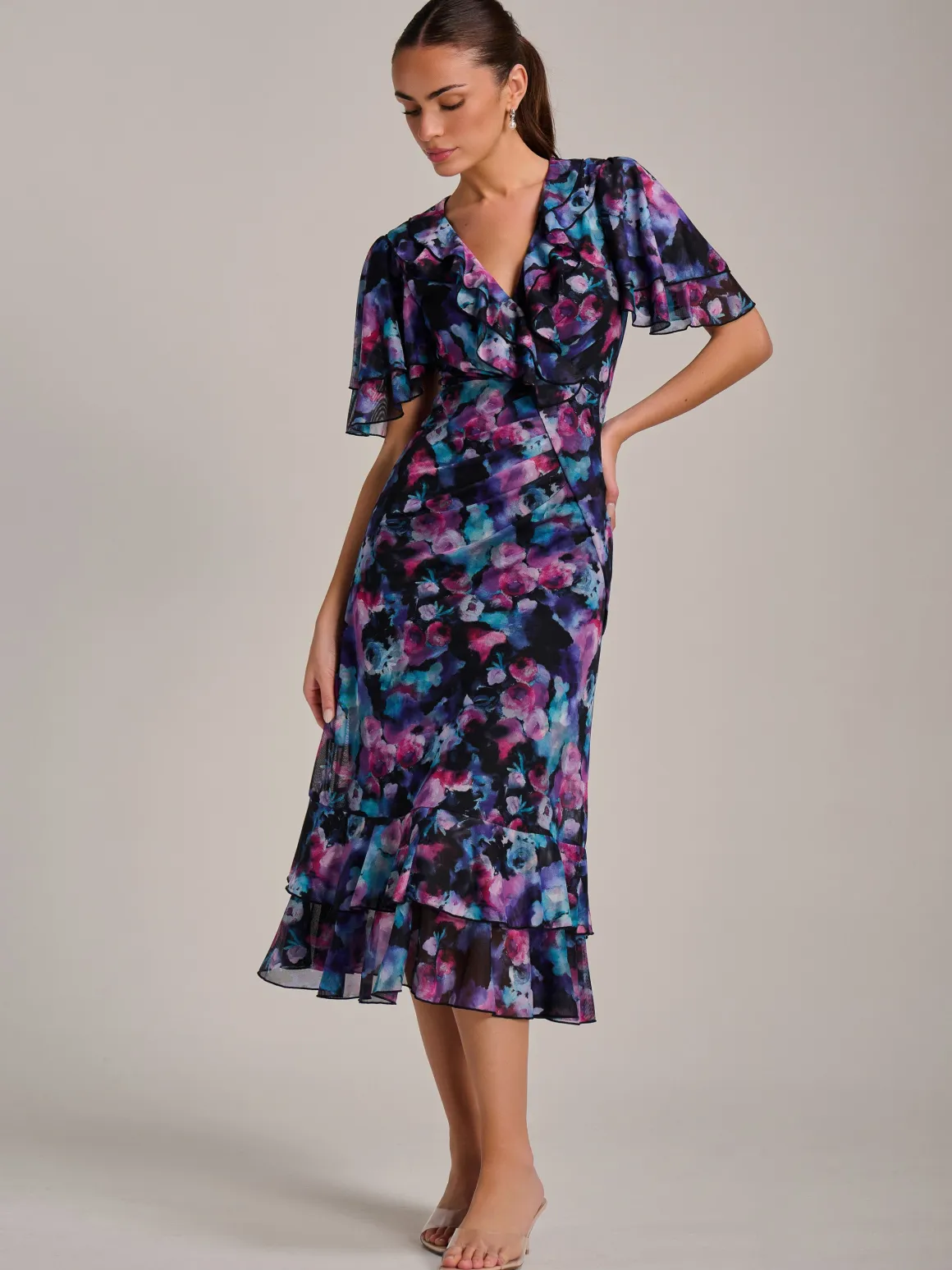 Ruffle Detail Ruched Mesh Midaxi Dress, Purple Multi