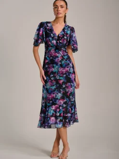 Ruffle Detail Ruched Mesh Midaxi Dress, Purple Multi