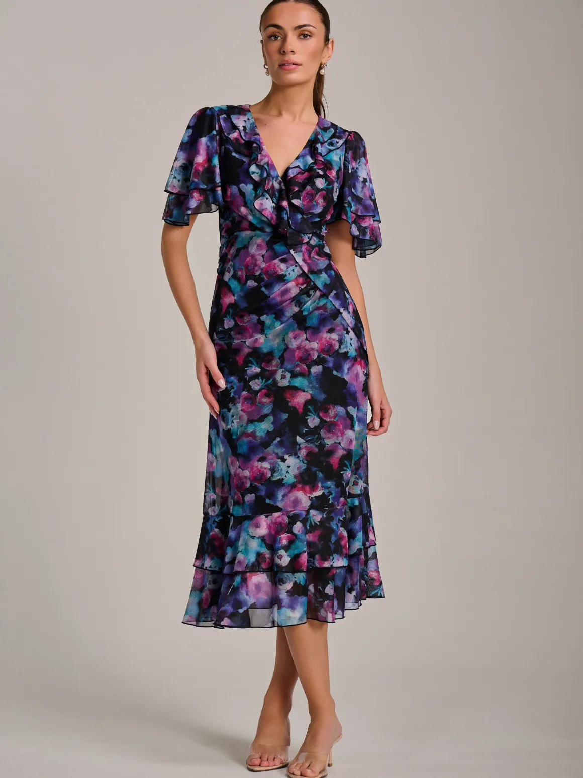 Ruffle Detail Ruched Mesh Midaxi Dress, Purple Multi