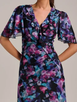 Ruffle Detail Ruched Mesh Midaxi Dress, Purple Multi