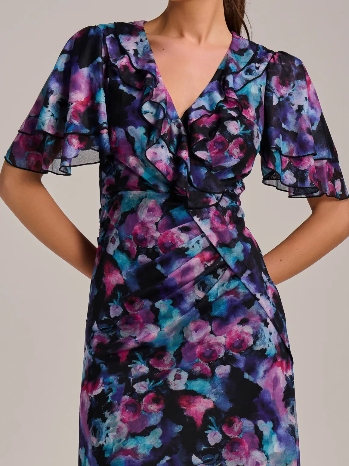 Ruffle Detail Ruched Mesh Midaxi Dress, Purple Multi