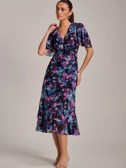 Ruffle Detail Ruched Mesh Midaxi Dress, Purple Multi