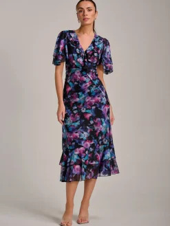 Ruffle Detail Ruched Mesh Midaxi Dress, Purple Multi