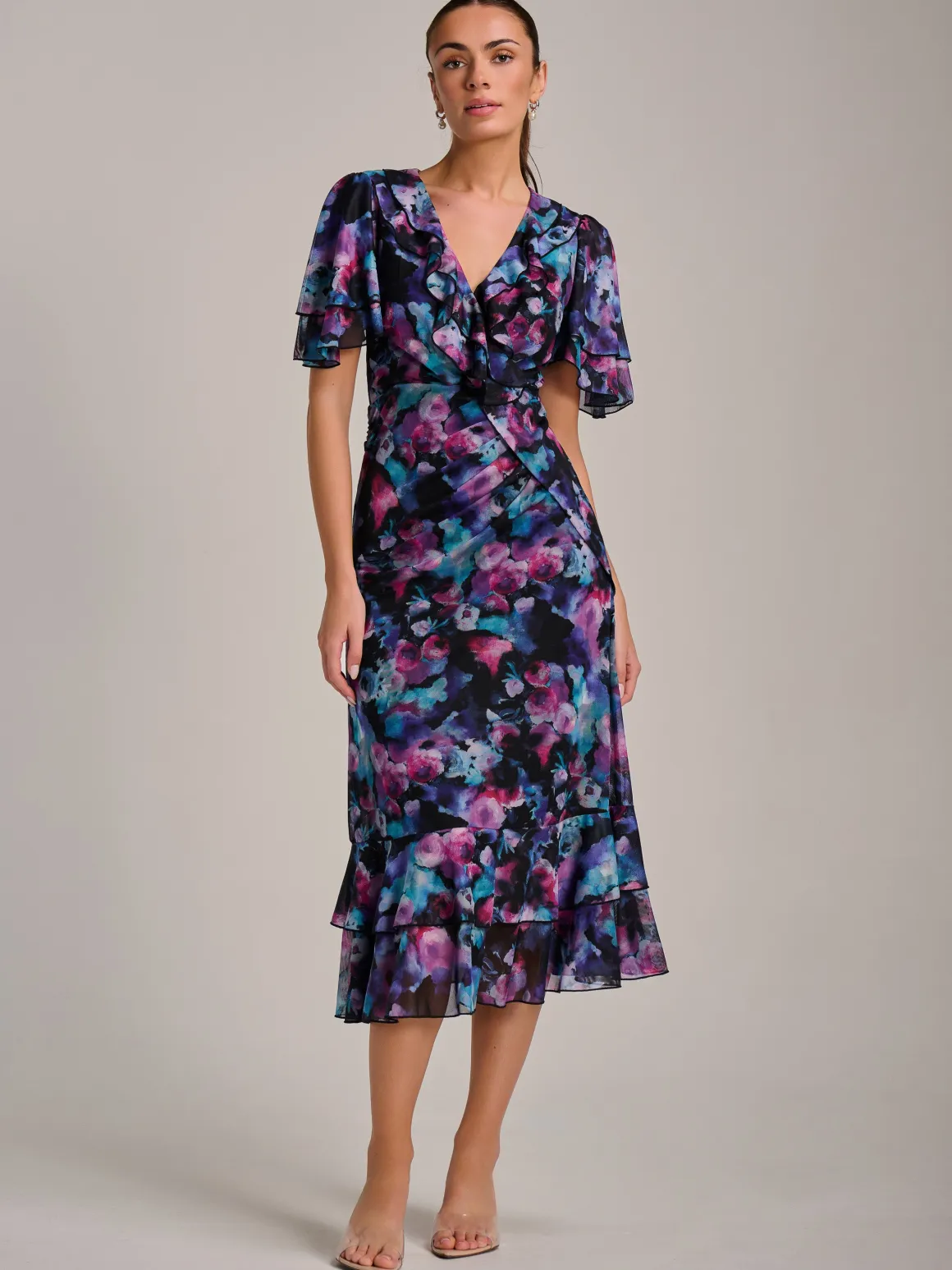 Ruffle Detail Ruched Mesh Midaxi Dress, Purple Multi