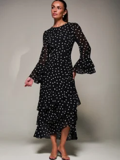 Ruffled Long Sleeve Tiered Chiffon Midaxi, Black Spot