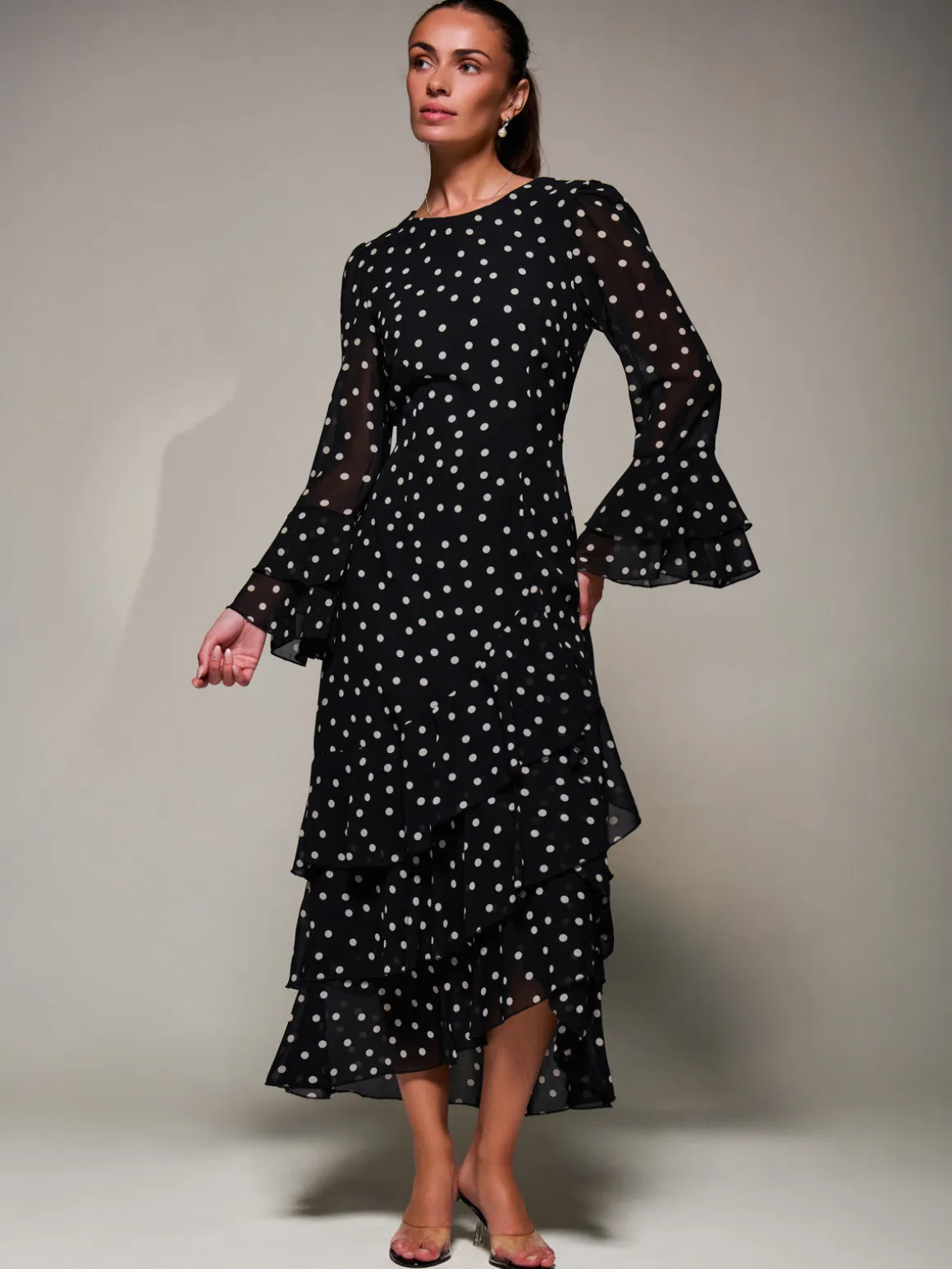 Ruffled Long Sleeve Tiered Chiffon Midaxi, Black Spot