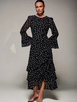Ruffled Long Sleeve Tiered Chiffon Midaxi, Black Spot