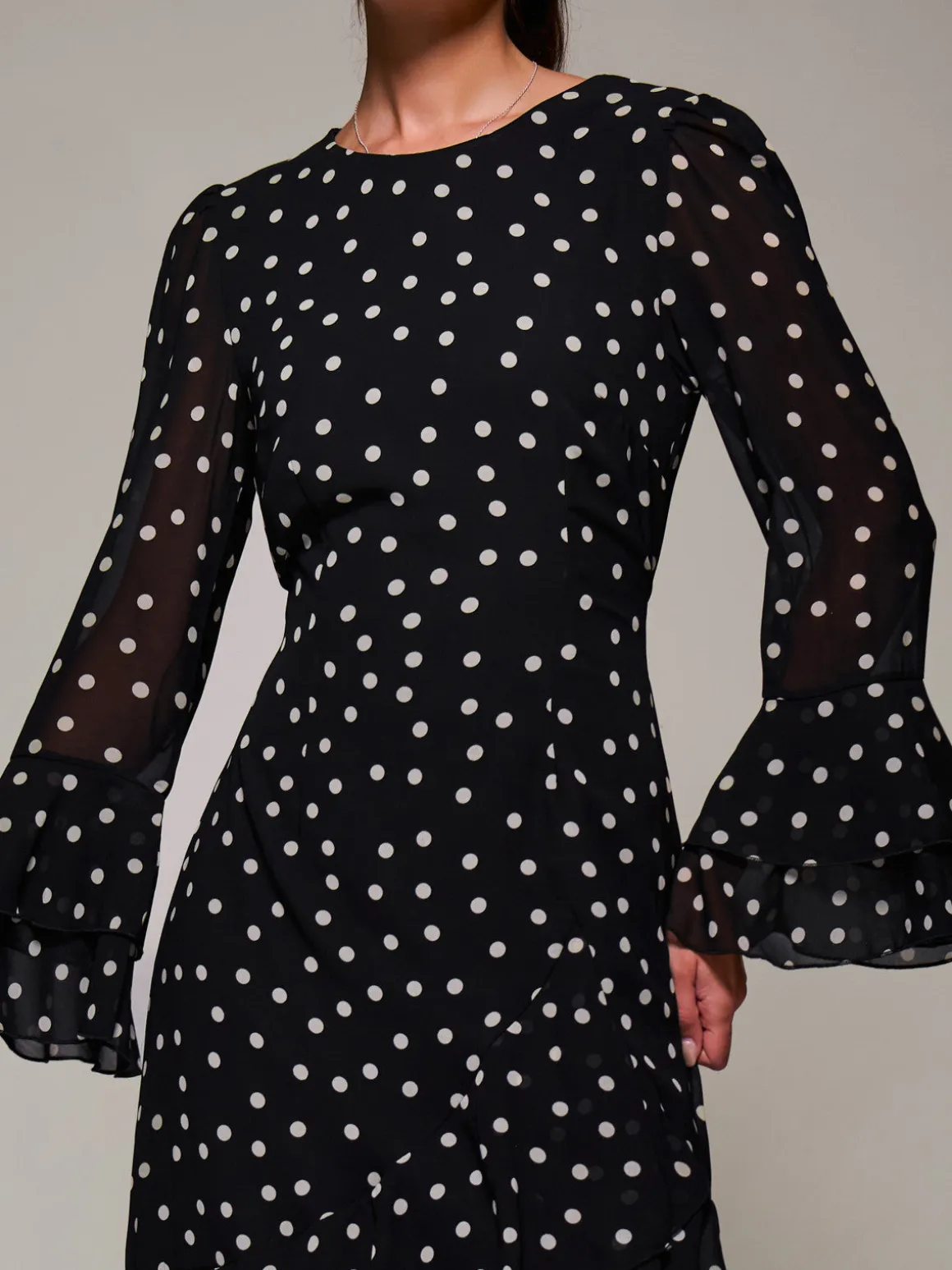 Ruffled Long Sleeve Tiered Chiffon Midaxi, Black Spot