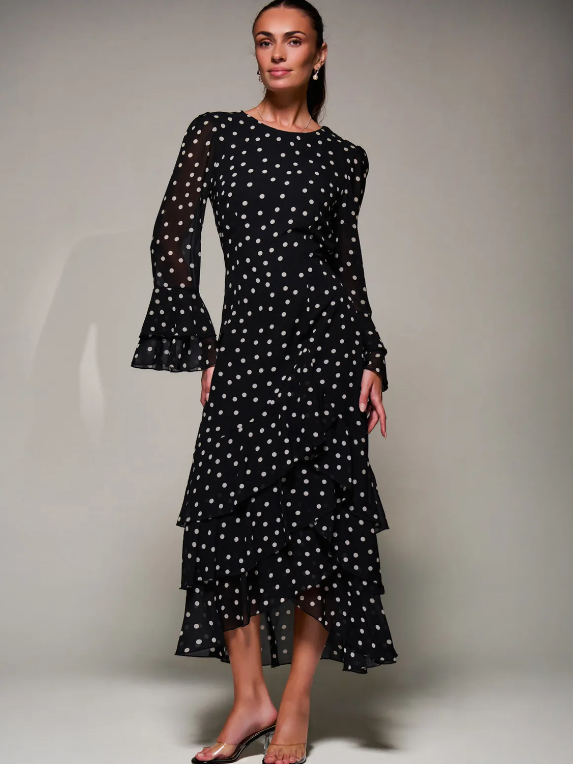 Ruffled Long Sleeve Tiered Chiffon Midaxi, Black Spot
