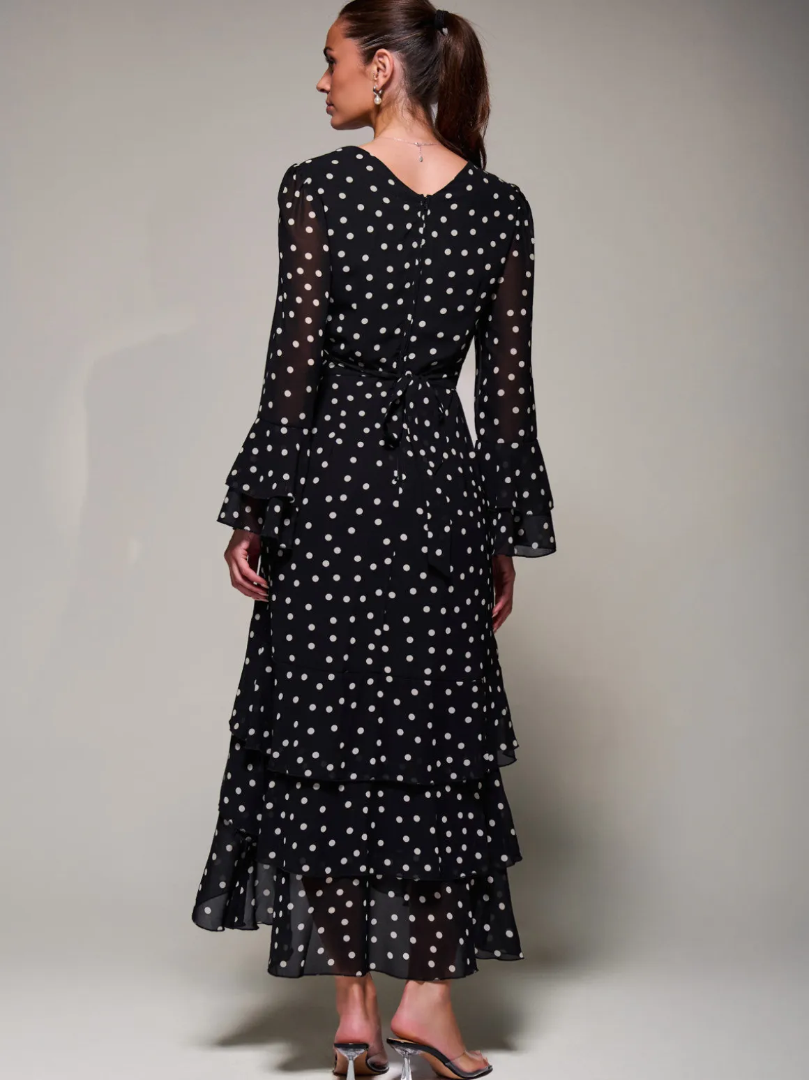 Ruffled Long Sleeve Tiered Chiffon Midaxi, Black Spot