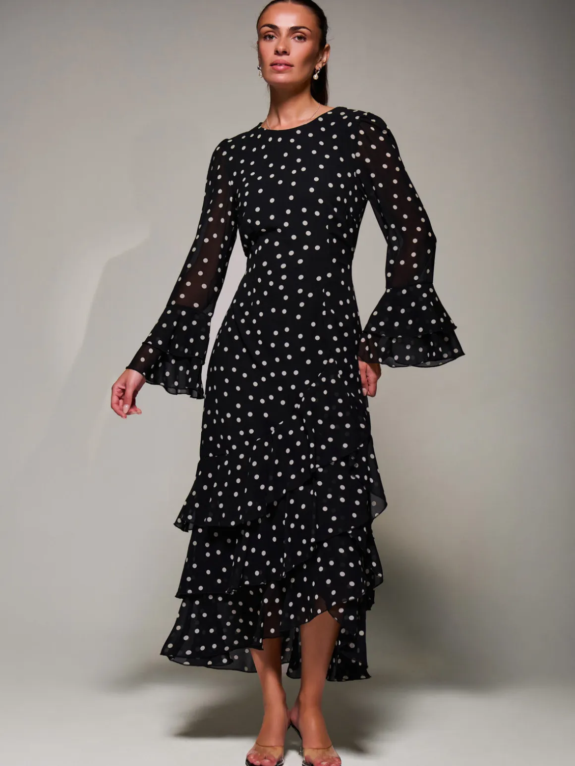 Ruffled Long Sleeve Tiered Chiffon Midaxi, Black Spot