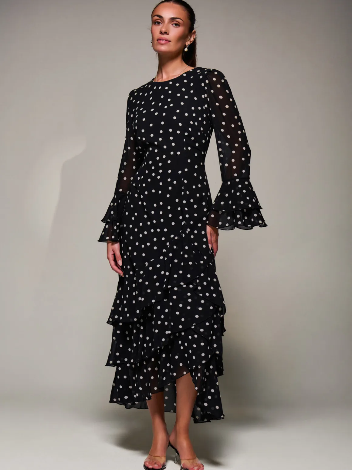 Ruffled Long Sleeve Tiered Chiffon Midaxi, Black Spot