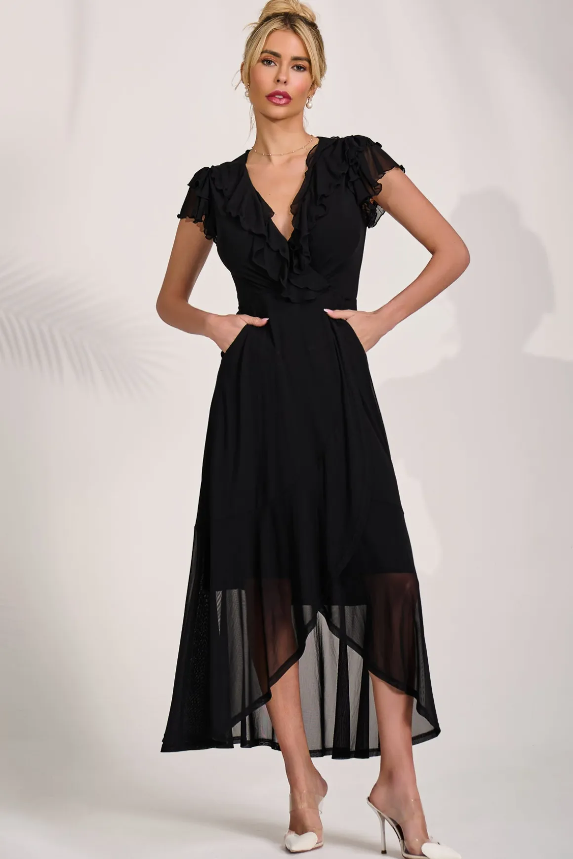Ruffled Mesh Maxi Dress, Black