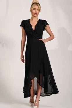 Ruffled Mesh Maxi Dress, Black