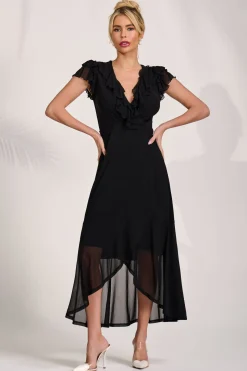 Ruffled Mesh Maxi Dress, Black