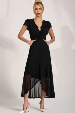 Ruffled Mesh Maxi Dress, Black