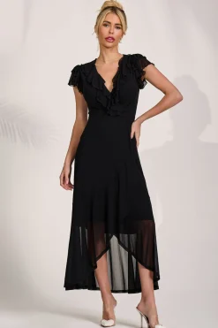 Ruffled Mesh Maxi Dress, Black