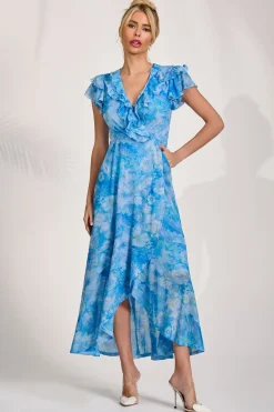 Ruffled Mesh Maxi Dress, Blue Floral
