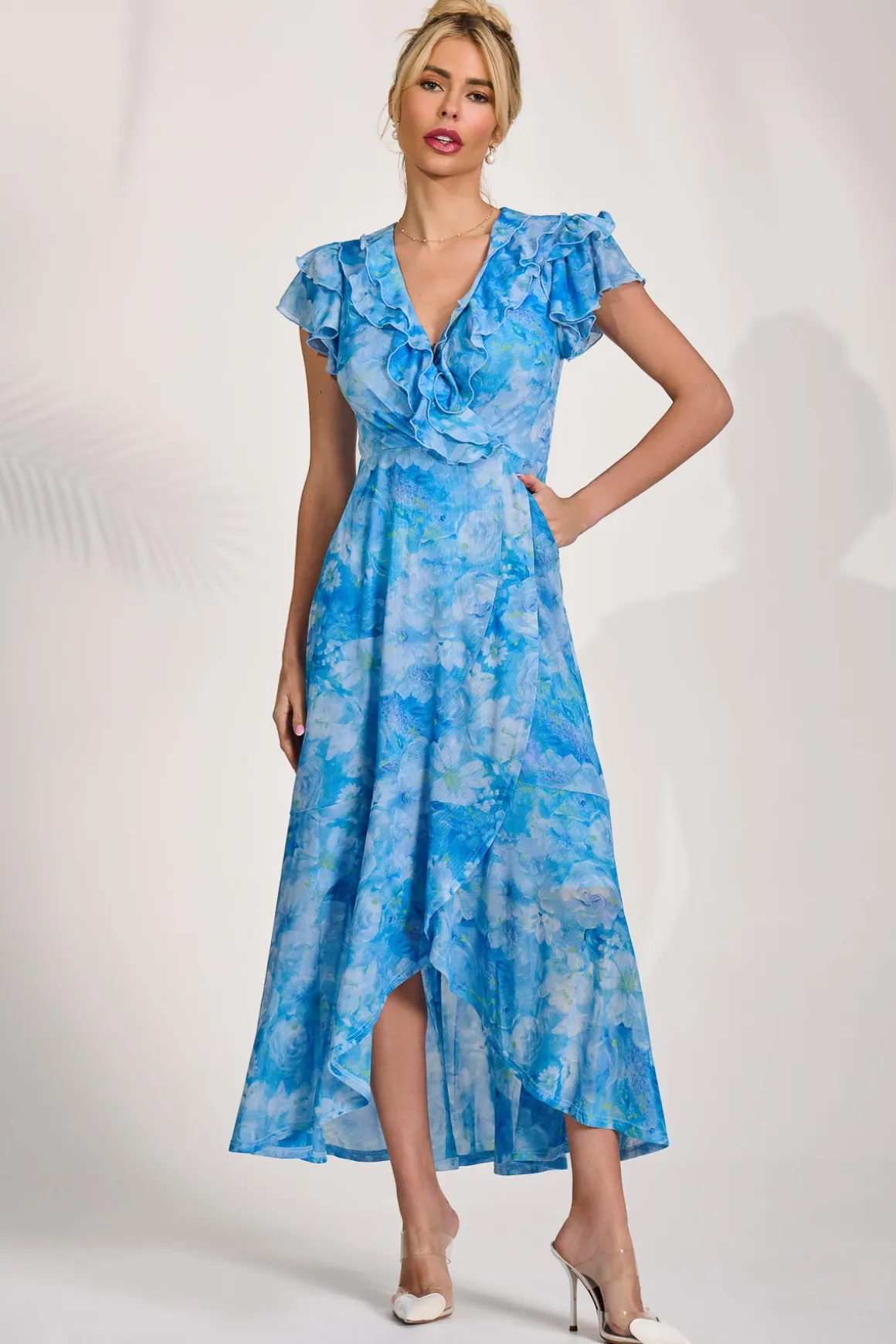 Ruffled Mesh Maxi Dress, Blue Floral