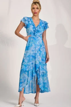 Ruffled Mesh Maxi Dress, Blue Floral