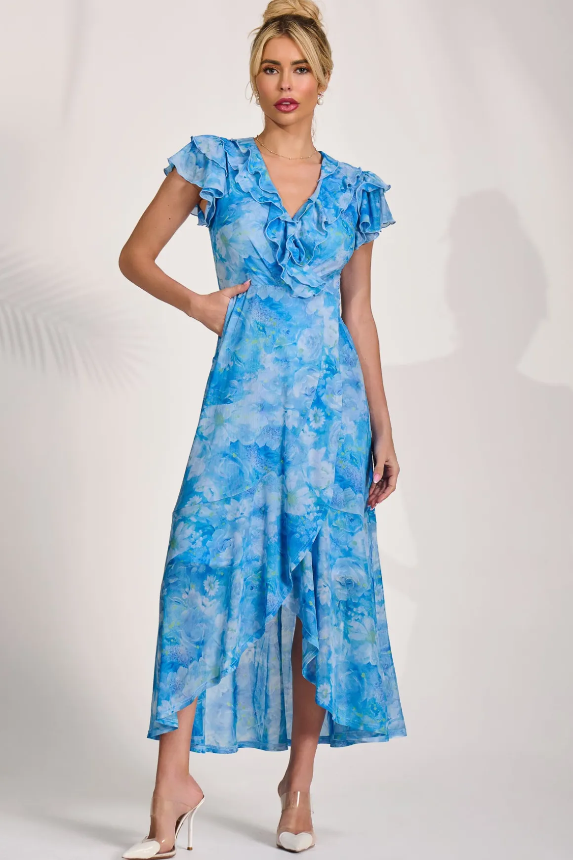 Ruffled Mesh Maxi Dress, Blue Floral
