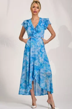 Ruffled Mesh Maxi Dress, Blue Floral