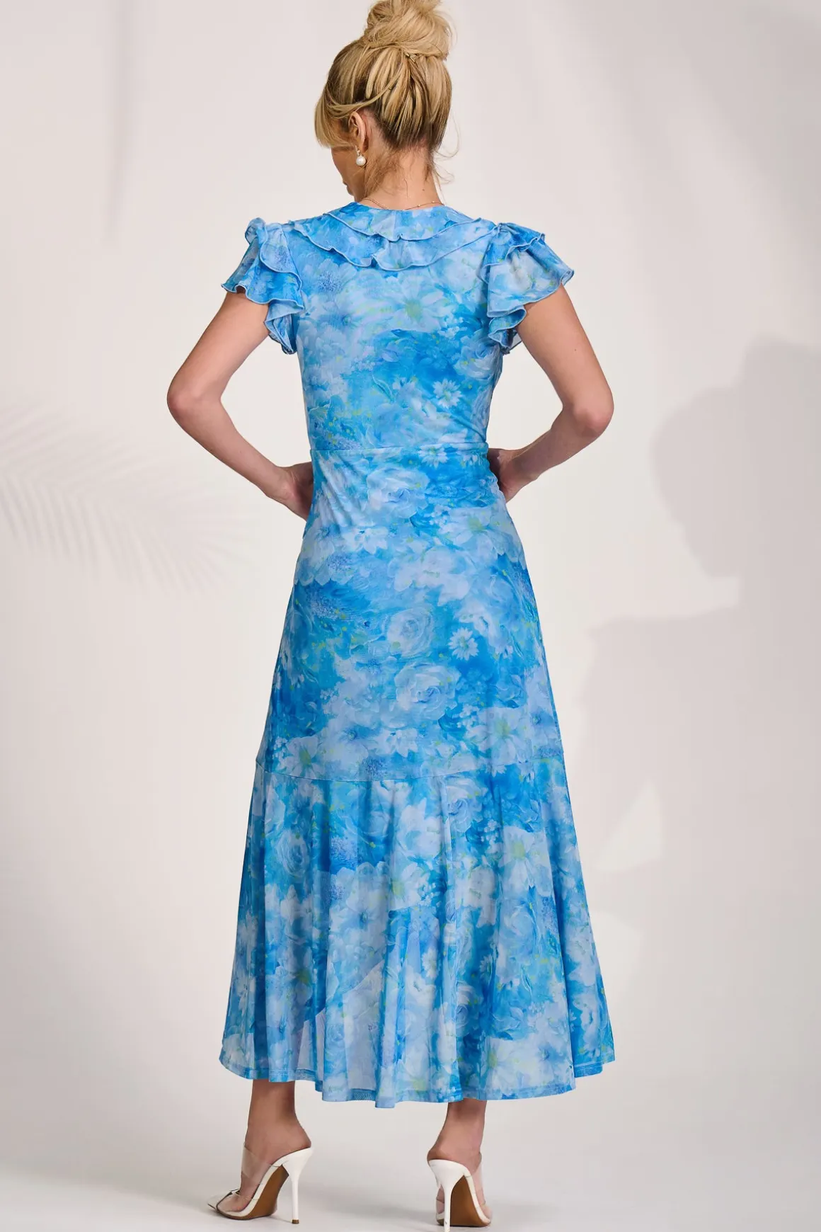 Ruffled Mesh Maxi Dress, Blue Floral