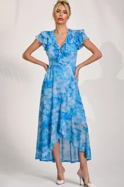 Ruffled Mesh Maxi Dress, Blue Floral