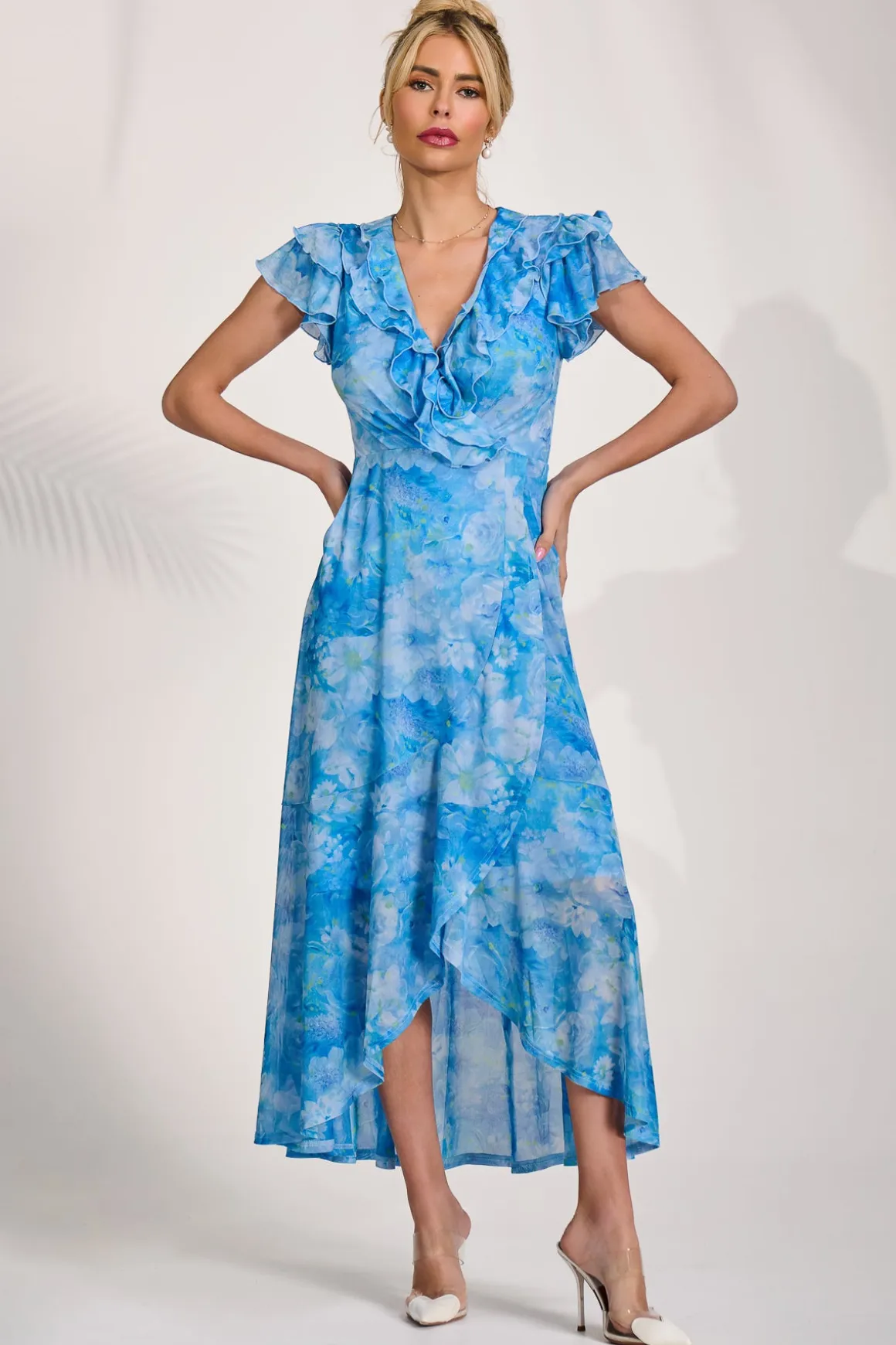 Ruffled Mesh Maxi Dress, Blue Floral