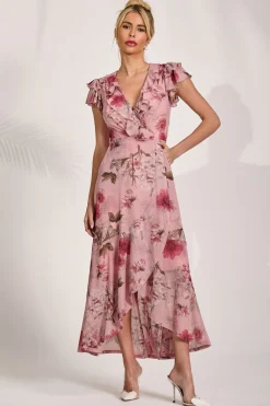 Ruffled Mesh Maxi Dress, Pink Floral