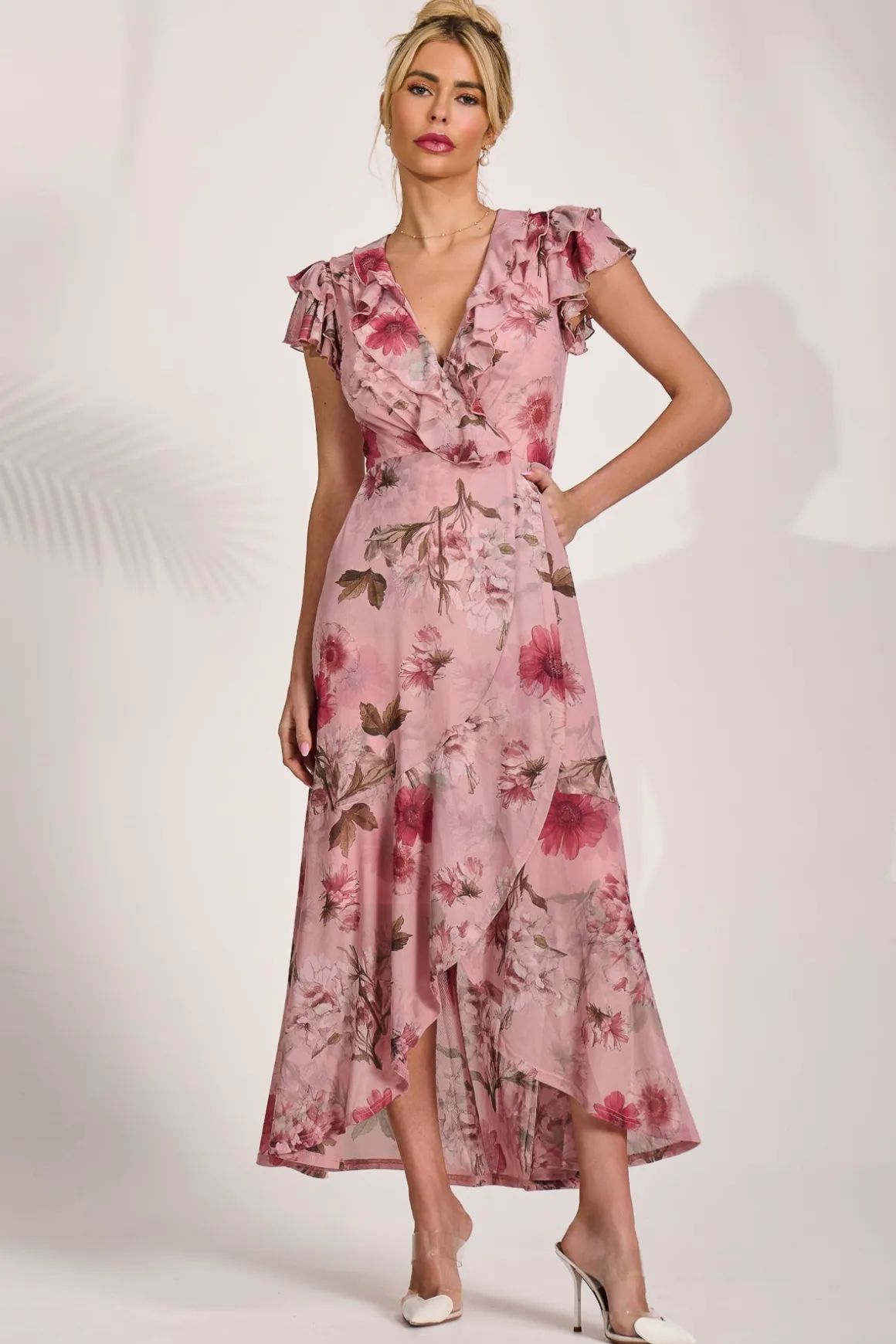 Ruffled Mesh Maxi Dress, Pink Floral