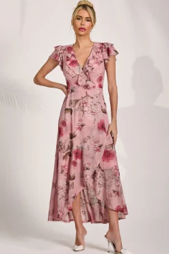 Ruffled Mesh Maxi Dress, Pink Floral