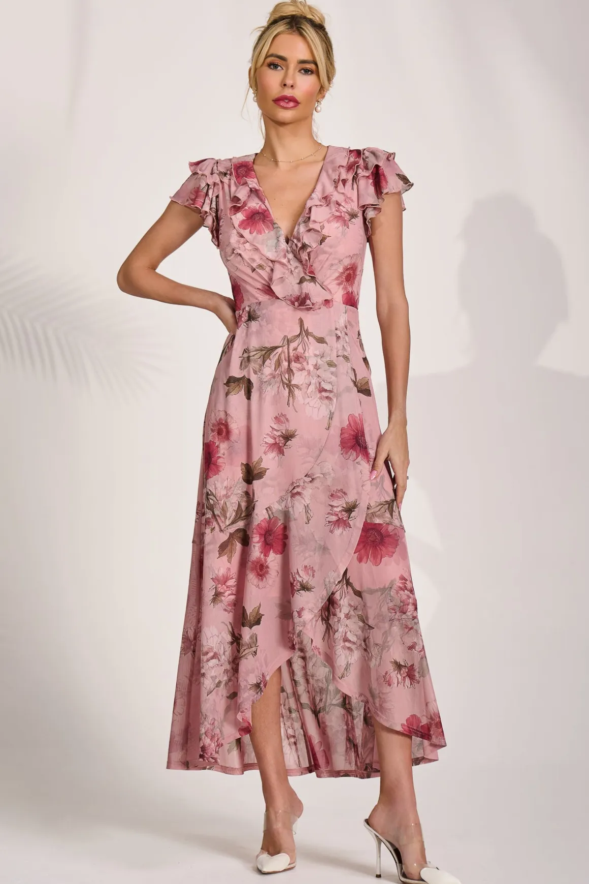 Ruffled Mesh Maxi Dress, Pink Floral