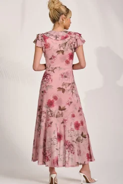 Ruffled Mesh Maxi Dress, Pink Floral