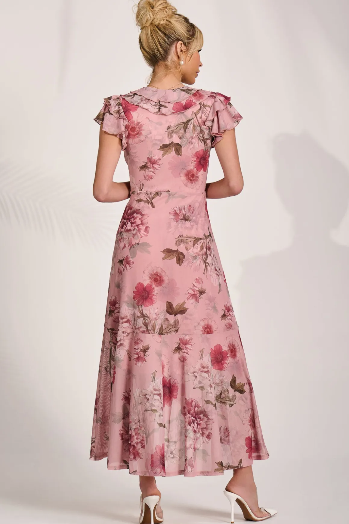 Ruffled Mesh Maxi Dress, Pink Floral